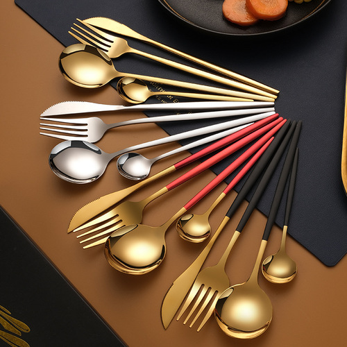 304 stainless steel cutlery, forks, spoons and chopsticks creative Portuguese Western tableware black gold glossy steak cutlery set wholesale