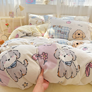 Class A thickened milk velvet four-piece bed sheet ins style set small fresh bed hat Nantong home textile bedding