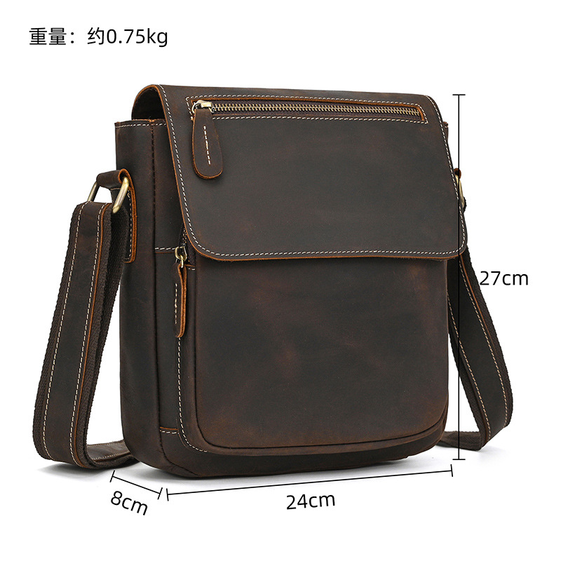 メンズ本革ショルダーバッグ、クレイジーホースレザークロスボディバッグ、トップグレイン牛革フリップカバーショルダーバッグ、iPadバッグ、越境専用