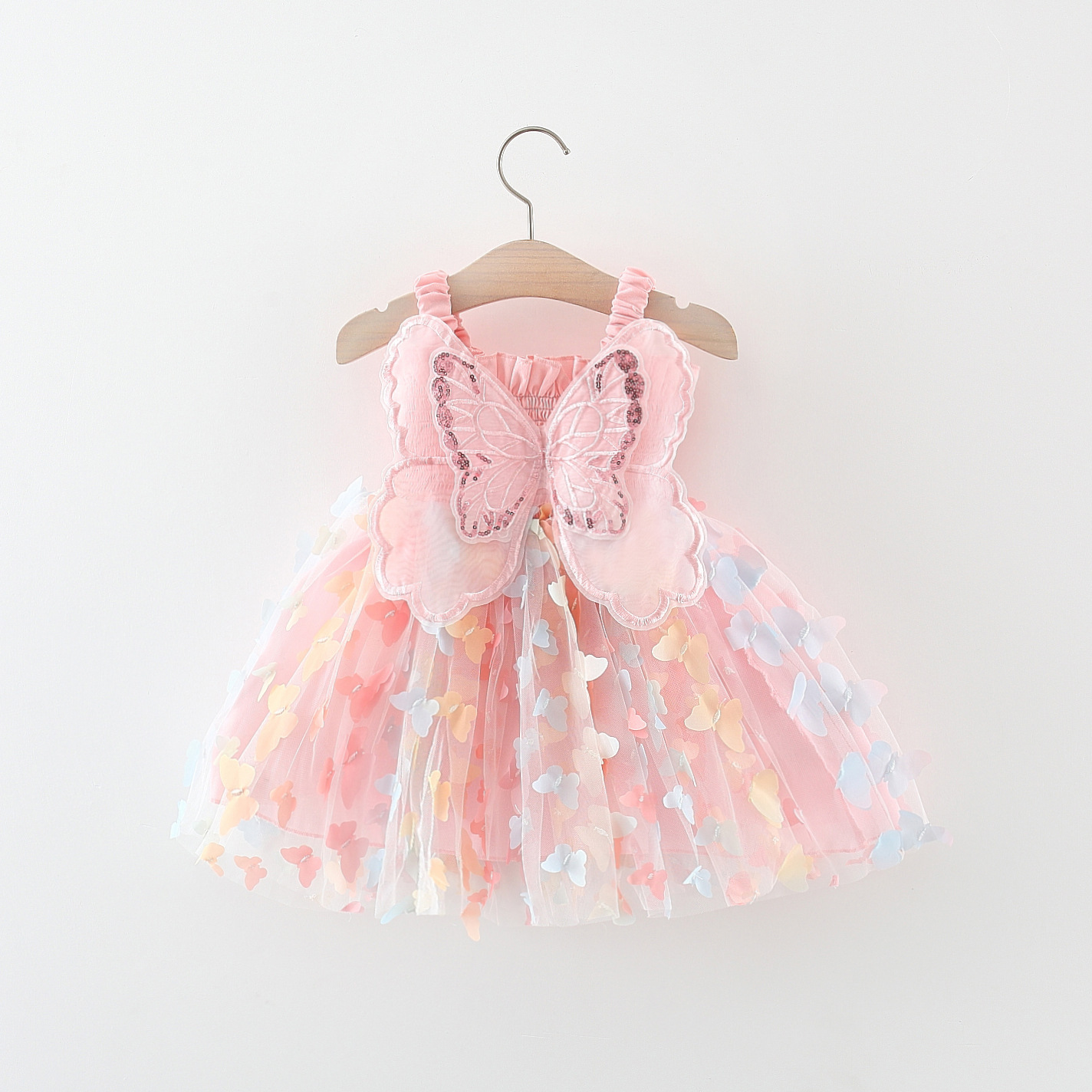 Girls' New Summer Dress, Fashionable Baby Girl's Butterfly Wings Rainbow Mesh Suspender Princess Skirt Bottoms