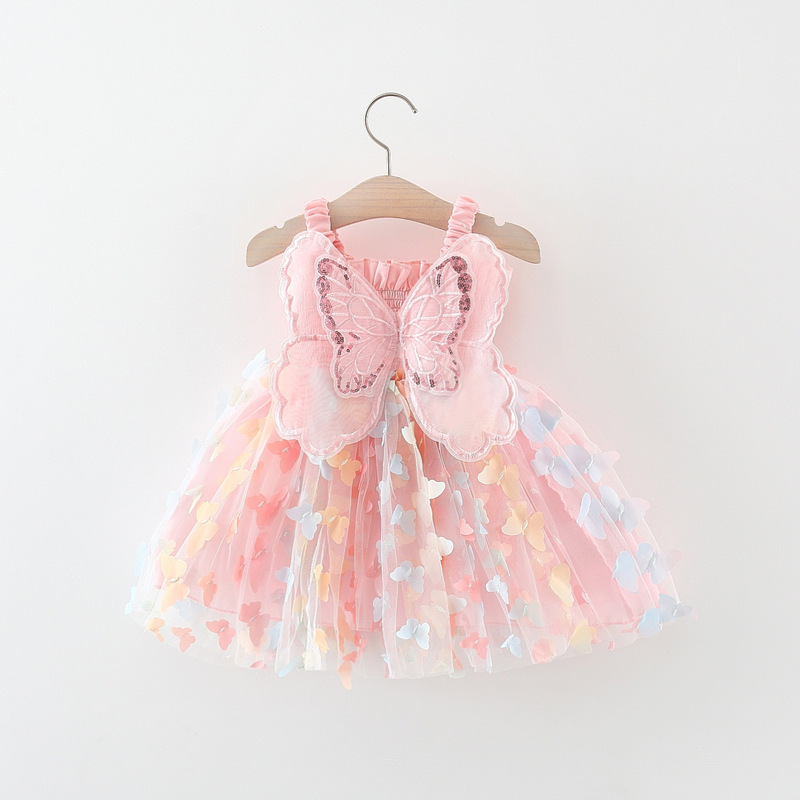 Girls' New Summer Dress, Fashionable Baby Girl's Butterfly Wings Rainbow Mesh Suspender Princess Skirt Bottoms