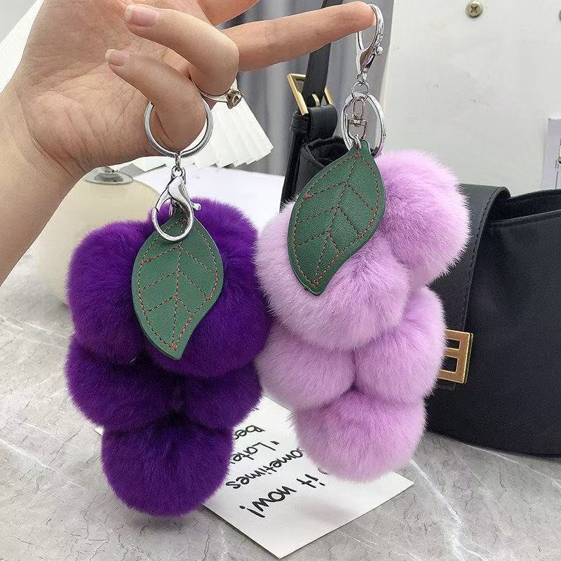 Cute grape imitation rex rabbit fur bag charm, trendy creative plush ball car keychain accessory