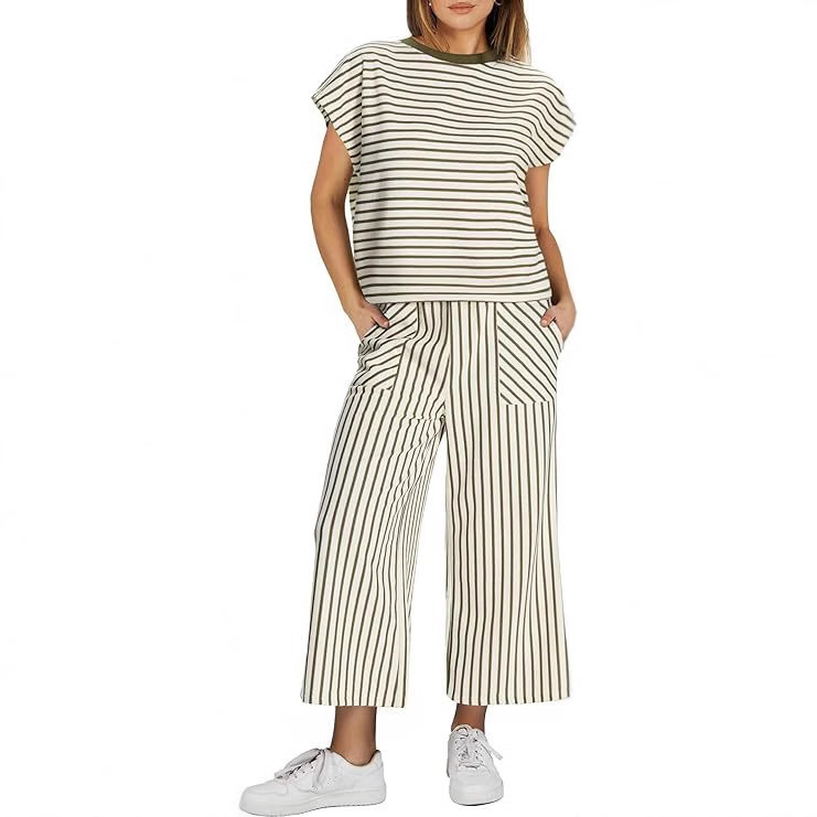 Cross-Border Amazon Summer Women's Striped Loose Suit Capri Casual Straight Wide-Leg Cropped Pants Two-Piece Set