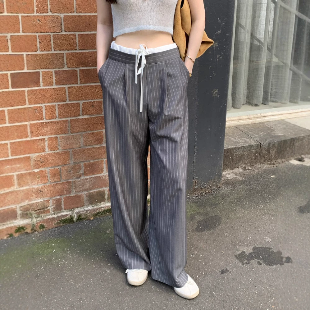 Корейский чик весна и осень ретро нишевые шнурки с высокой талией, дикие тонкие полосатые повседневные брюки широкие брюки брюки