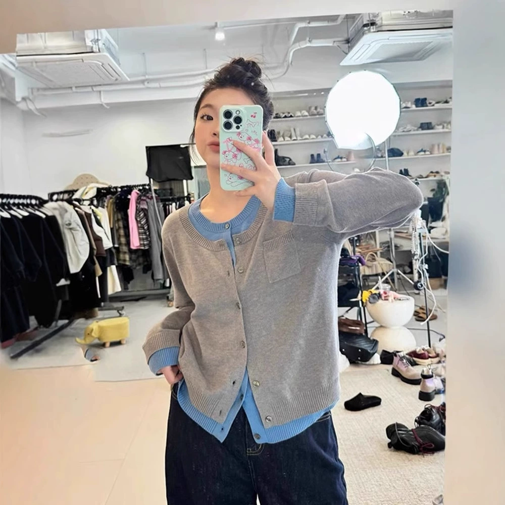 Lei Lei большой размер поддельные два шарнирных трикотажных кардигана женский осенний новый толстый мм носить тонкий топ внутри и снаружи