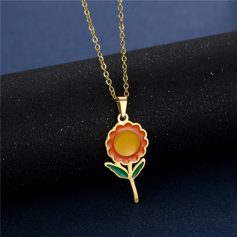stainless steel sunflower necklace earrings set sunflower pendant golden sunflower clavicle chain th