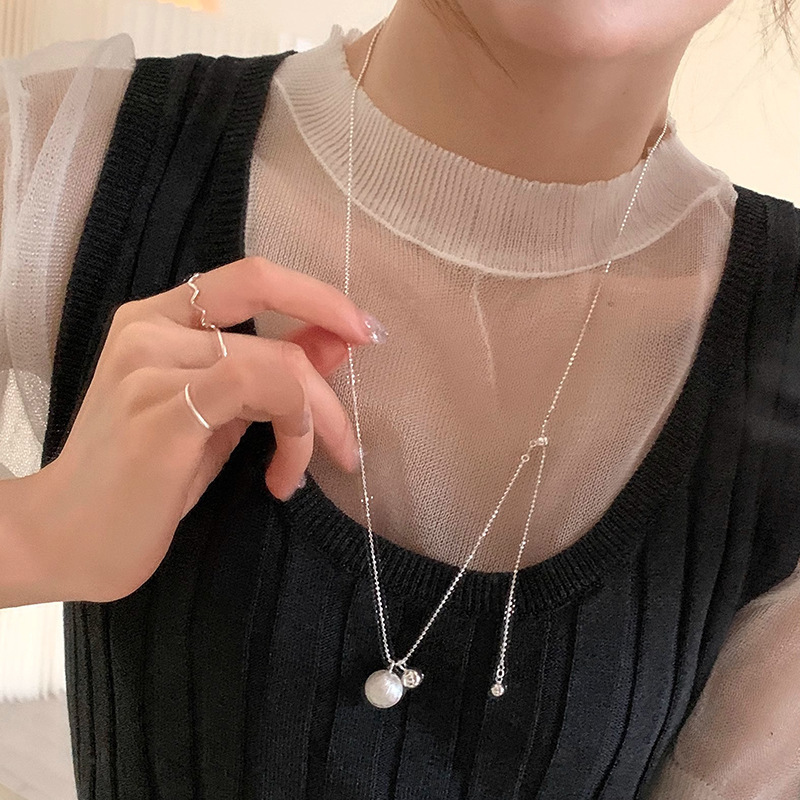 Niche Geometric Minimary Style Draisable Silver Ball Draisable Woolen Chain New All-match High-grade Long Necklace Women's Cold Style