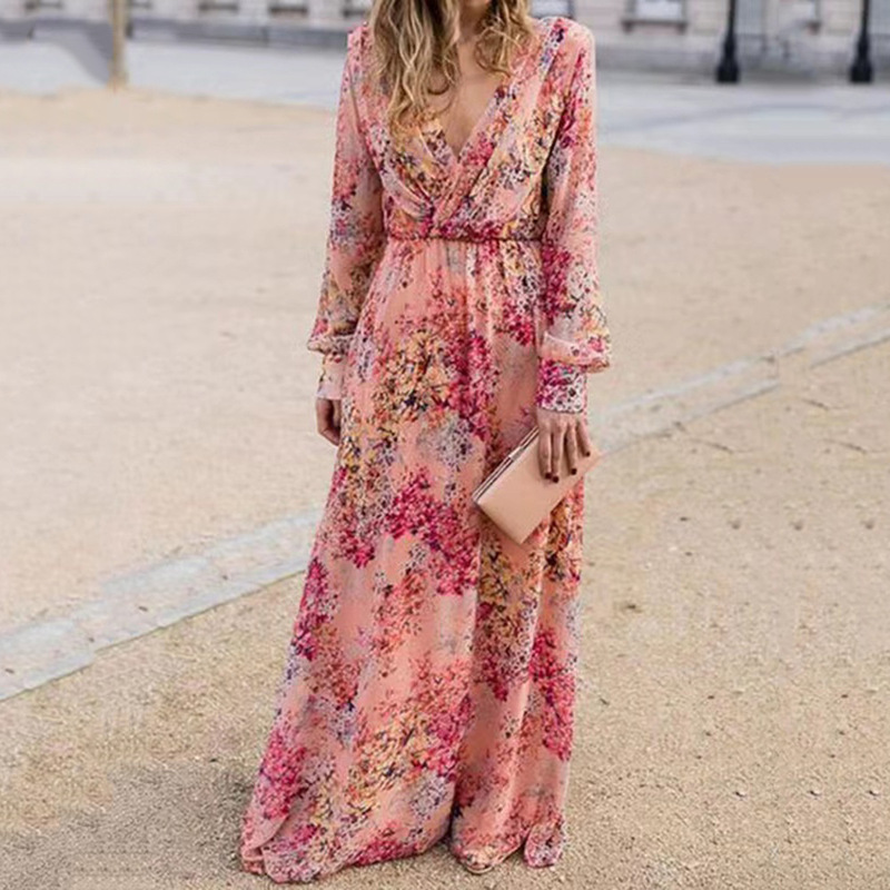 2025 Cross-Border Summer New Women's Skirt Slim Dress Sexy Collar Lace Printed Waist Swing Dress