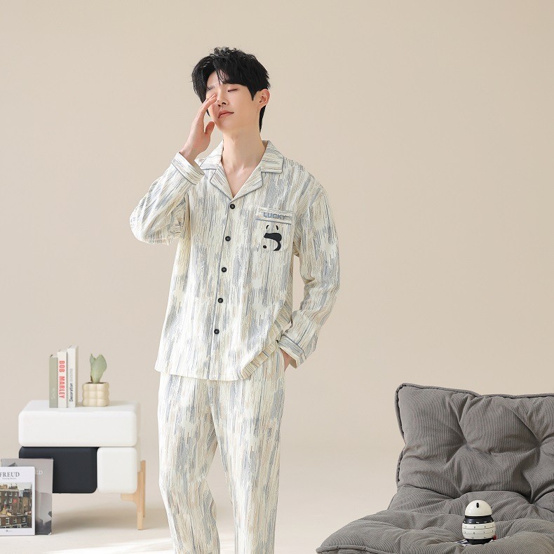Cartoon Simple Style Male Teenagers Long-Sleeved Spring and Autumn New Pajamas Loose Plus Size Home Clothes Men Can Wear Outside