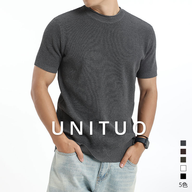 European and American Cross-Border Solid Color Ice Silk Knit Waffle Texture Short-Sleeve T-Shirt Men's Summer Casual Top