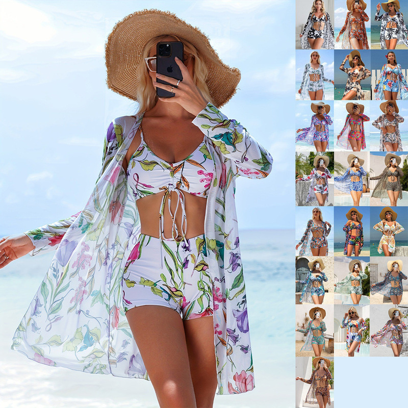 Boxer Bikini Three-Piece Swimsuit Women's Split New Blouse Bow Fashion Beach Swimwear