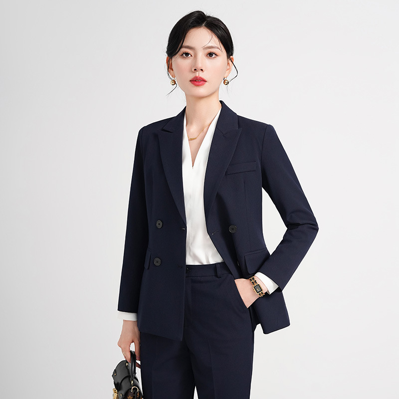 navy blue Suit Jacket Women's Autumn and Winter High-end Double-breasted Business Suit suit Office Dress Work Clothes