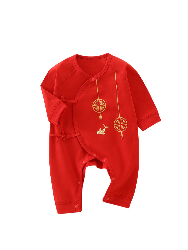 Mameluco de bebé para regalo de luna llena, 100% algodón puro de clase A, ropa de bebé roja para banquete de cien días, para primavera, otoño y todas las estaciones.