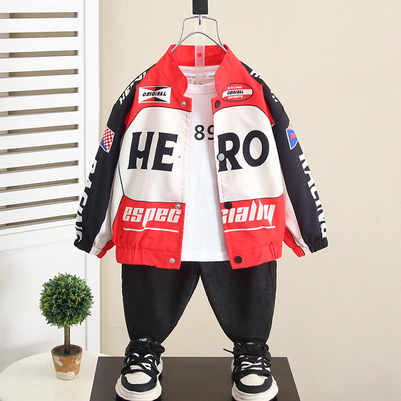 5956 Chaqueta de traje de motocicleta guapo de moda para niños 2025 otoño nueva ropa para niños primavera y otoño chaqueta de calle frita para bebés