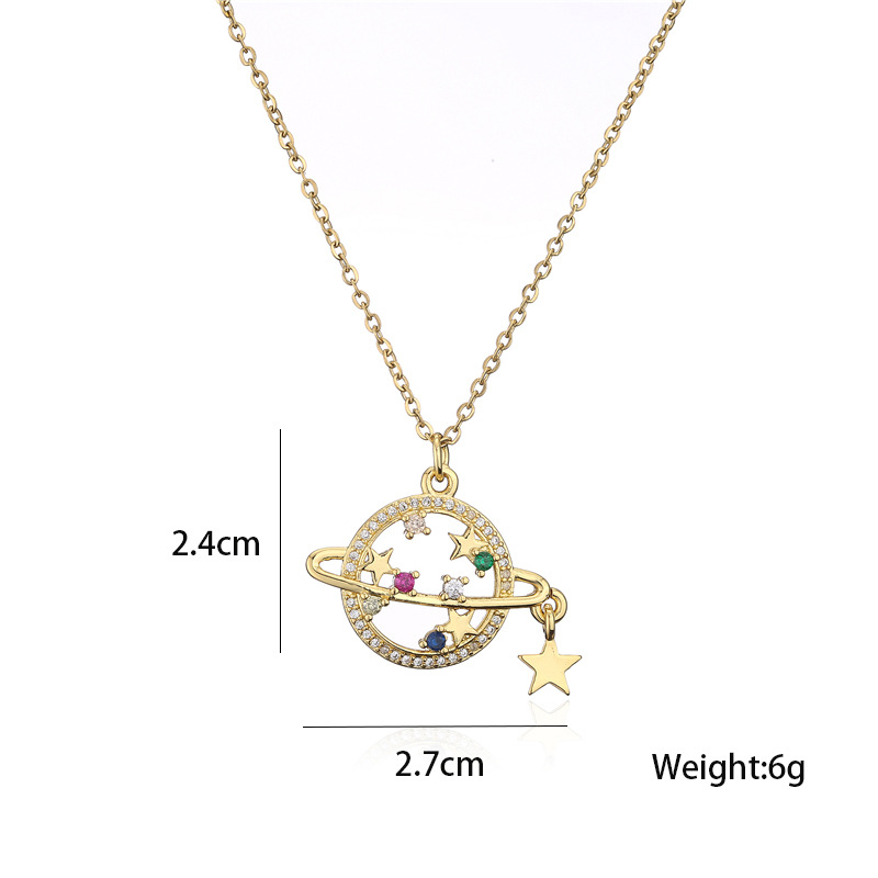 copper micro-inlaid color zircon personality planet pendant 18K gold plated star necklace