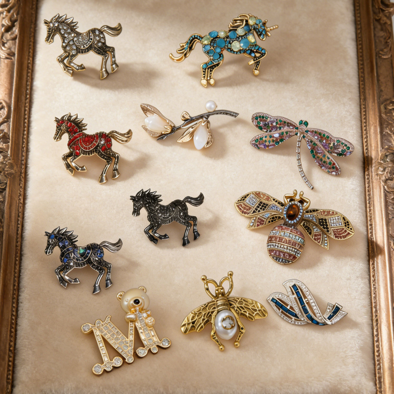 Broche vintage medieval temperamento retro flores de abejas de caballo de corte europea y americana lujo ligero joyas de alta calidad