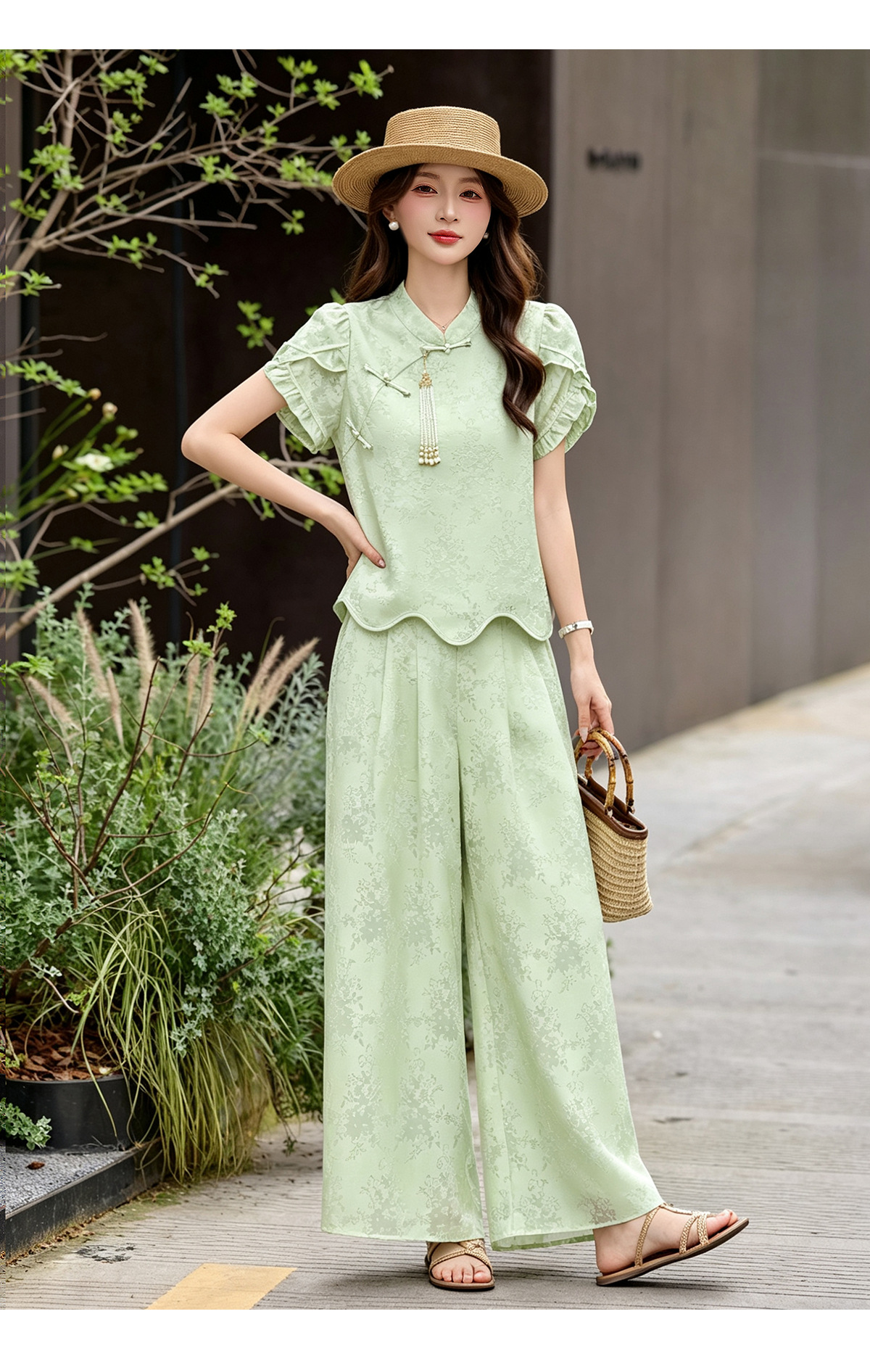 Bộ áo sơ mi họa tiết jacquard kết hợp quần ống rộng cạp thun hai mảnh thời trang — Vàng kem, xanh lá cây chi tiết 14