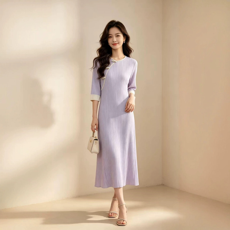 Miyake Pleated National Style Dress for Women, Summer Mid-Sleeve Slimming Long Dress, Simple and Versatile Everyday Elegant Style Miyake Pleated National Style Dress for Women, Summer Mid-Sleeve Slimming Long Dress, Simple and Versatile Everyday Elegant Style