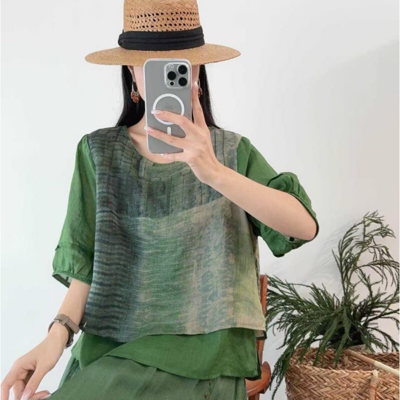 Summer New Style Pure Ramie Round Neck Fake Two-Piece Half-Sleeve Digital Print Ramie Blouse Designer Style