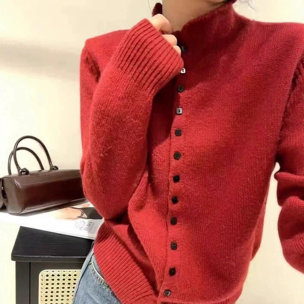 Осенне-зимний мягкий вощеный вязаный кардиган с полугольфом для женщин, новинка 2025 года, свободный повседневный свитер с длинными рукавами в корейском стиле, куртка-свитер