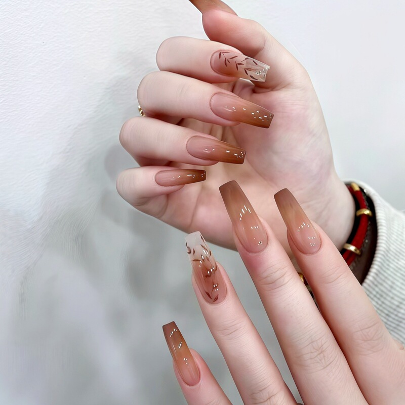 S113-Full Size Fall/Winter New Caramel Gradient Wear Armor Amber Bamboo Leaf Manicure Sticking White False Nail Pieces S113-Full Size Fall/Winter New Caramel Gradient Wear Armor Amber Bamboo Leaf Manicure Sticking White False Nail Pieces