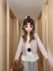 条纹针织开衫外套女早秋2025新款小个子宽松秋冬假两件外搭上衣