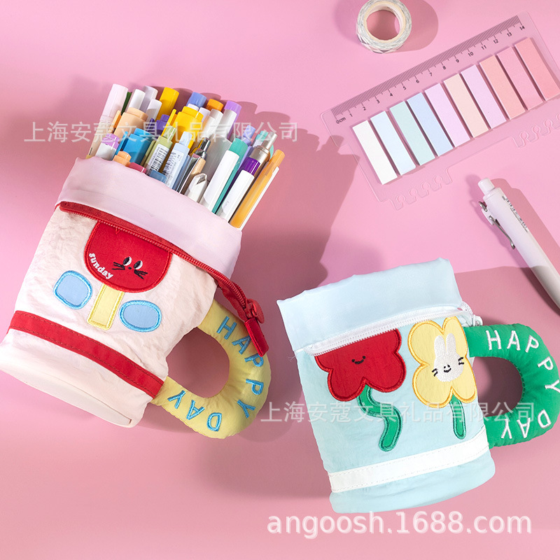 安蔻可爱笔袋ins撞色茶杯高颜值学生文具大容量收纳笔筒收纳袋|undefined