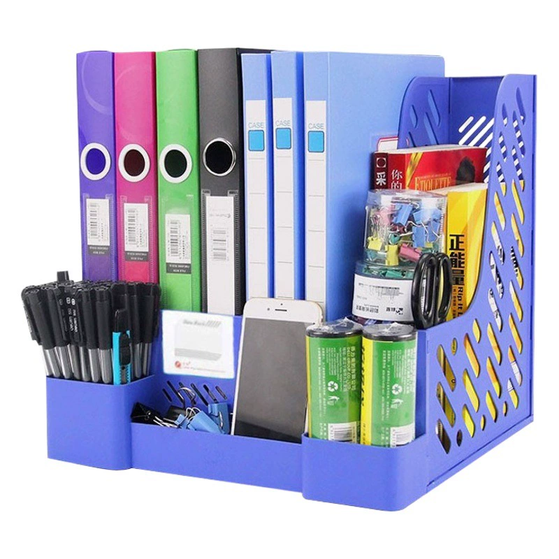 Канцелярские товары Пластиковая четырехместная полка для файлов Настольный ящик для хранения данных Канцелярские принадлежности Многофункциональная панель файлов