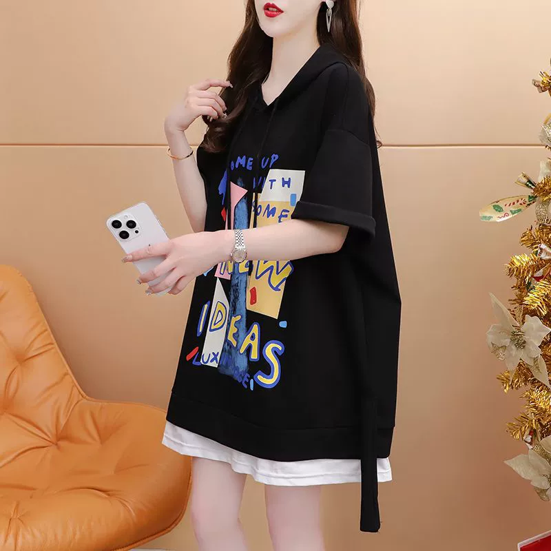 2025 новая футболка с короткими рукавами женская хлопчатобумажная свободная толстая миллиметровая конструкция поддельные две части с v-образным вырезом японская рубашка с короткими рукавами