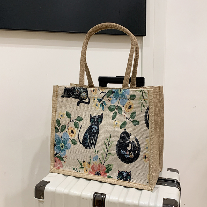 High-value Linen Women's Handbag for Work and Going Out Handbag Embroidered Cute Cat Niche Foreign-style Lunch Bag
