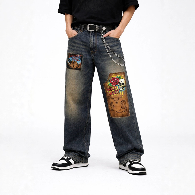 American retro distressed jeans with western-style skull and rose print, loose straight-leg trendy pants