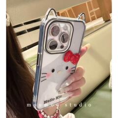 日韓のシンプルな猫の耳のkittyの赤い蝶結びはiphone16 promaxのリンゴの15携帯のケースの14を適用します。