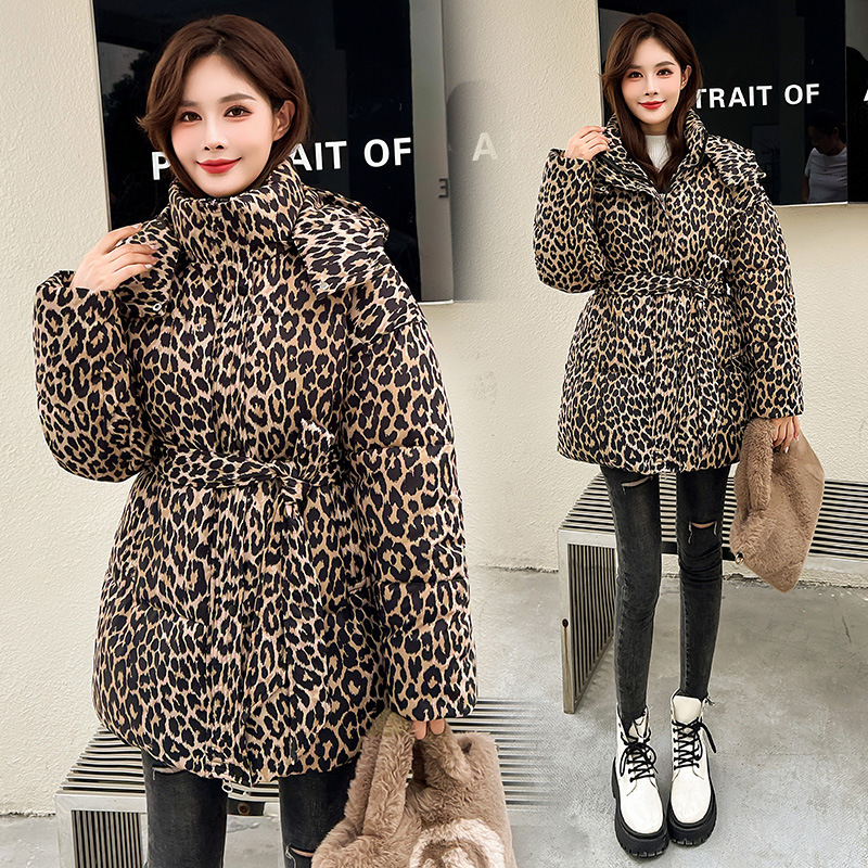 Women's Mid-length 2024 Winter Korean-style Thickened Western-style Down Cotton-padded Jacket Lace-up Leopard-print Chic Coat