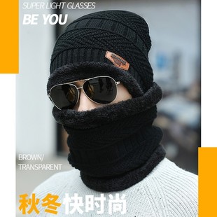 New Autumn and Winter Warm Neck Wool Cap Men's fleece-lined Thickened Knitted Hat Pullover Neck Two-piece Set