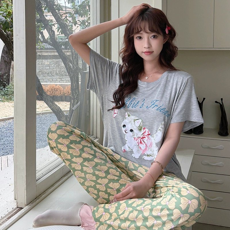 Интернет-знаменитости Modal весенне-летние пижамы с подушечками для груди для женщин, новые брюки с короткими рукавами, производитель повседневной домашней одежды с героями мультфильмов