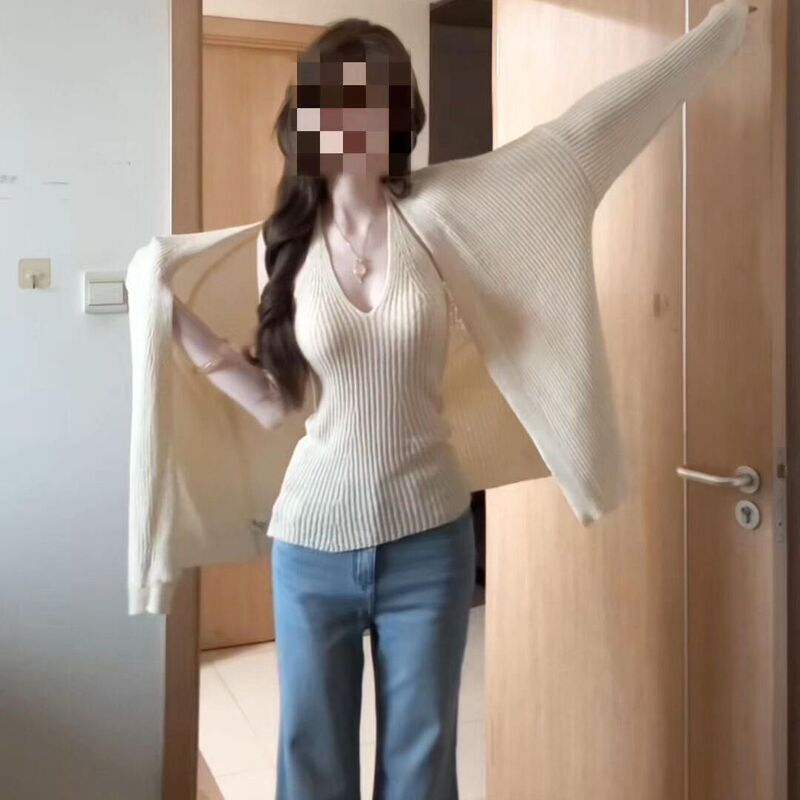 Spring Lazy Style Outfit for Women: Pure Desire Style V-Neck Halter Neck Tank Top Paired with a Knitted Cardigan Two-Piece Set