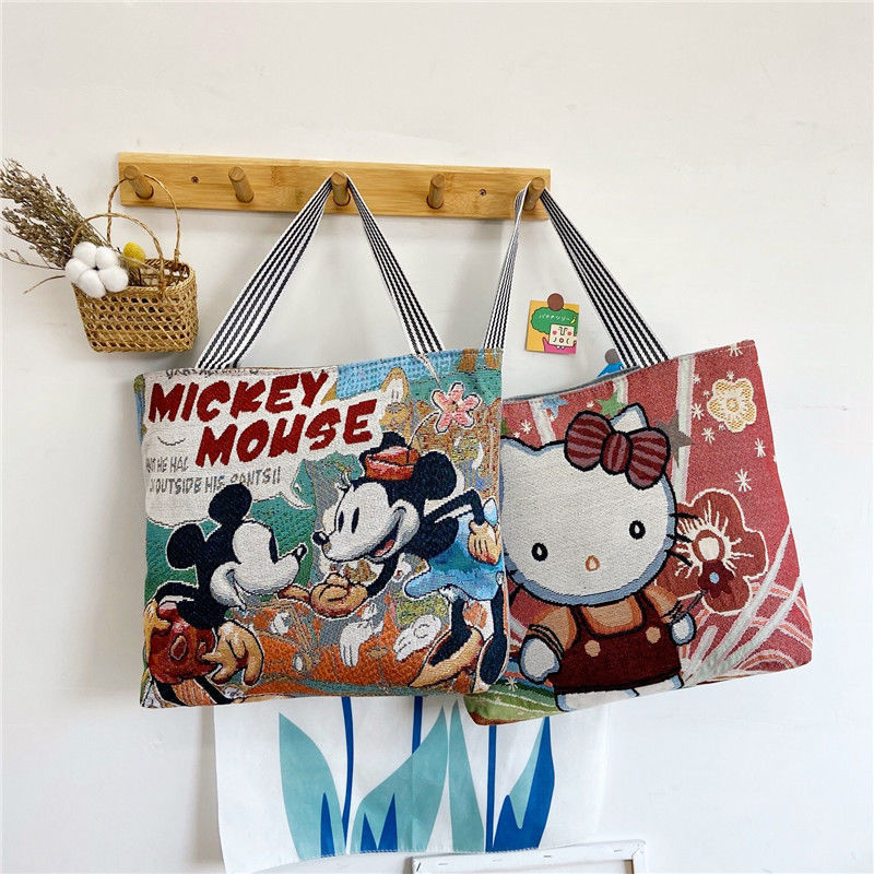 New Women's Canvas Portable Shoulder Bag Cartoon Rust Simple Large-Capacity Shopping Bag Short-Distance Travel Bag