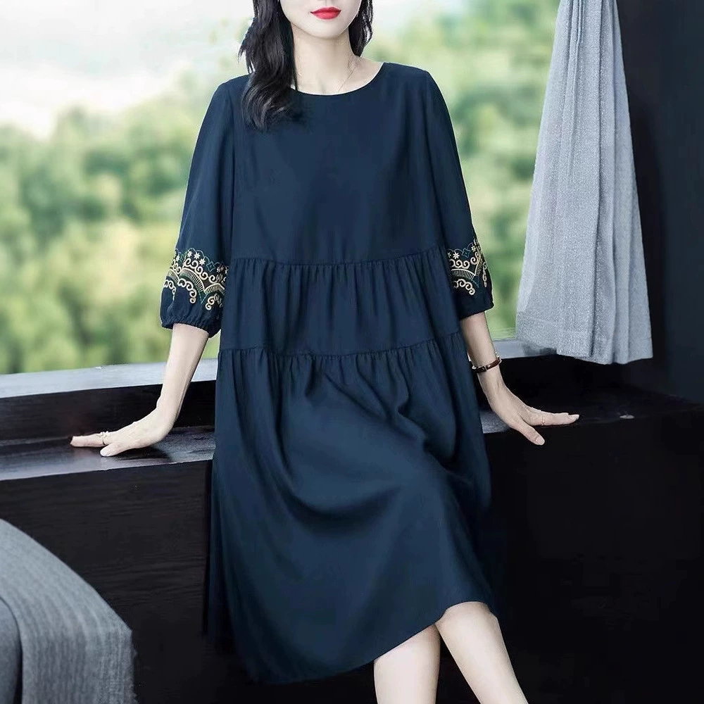 Высококачественное платье в этническом стиле с круглым вырезом и вышивкой, новое летнее женское платье большого размера в стиле ретро, ​​свободная утягивающая юбка