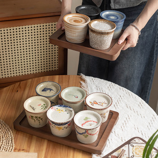 Underglaze Colored Ceramic Pig Mouth Cup Japanese Style and Wind Tea Cup Tea Bowl Vintage Tea Small Cup Master Cup Lid Household