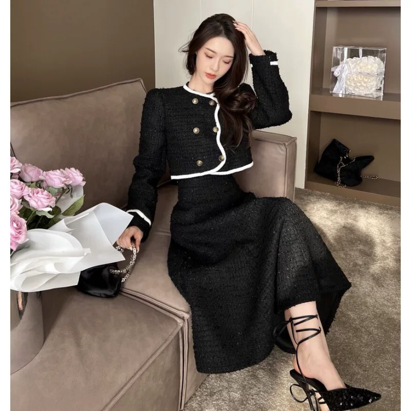 Осенний комплект для женщин в стиле Chanel, коллекция 2022, приталенный жакет и длинная юбка, чёрный/белый, S–L