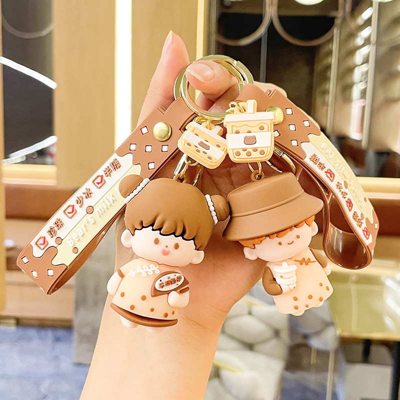 Cartoon bubble tea couple bear key chain cute car pendant exquisite bag key chain pendant wholesale
