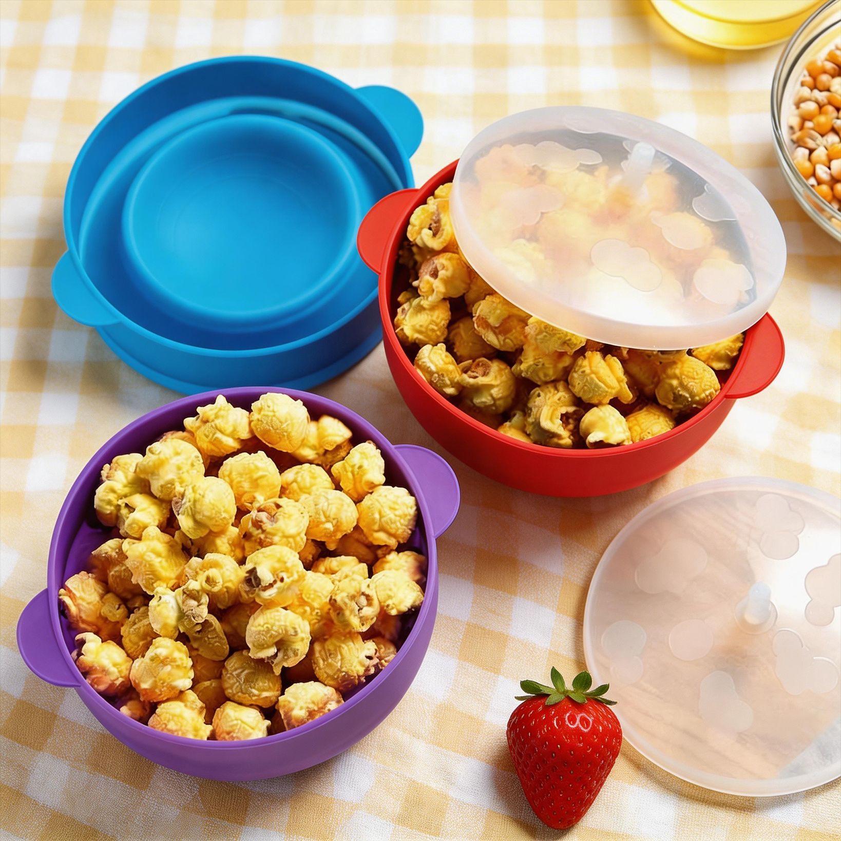 Silicone Foldable Popcorn Bowl, Microwave-Safe, High-Temperature Resistant Silicone with Lid, Utensil Container Popcorn Bowl