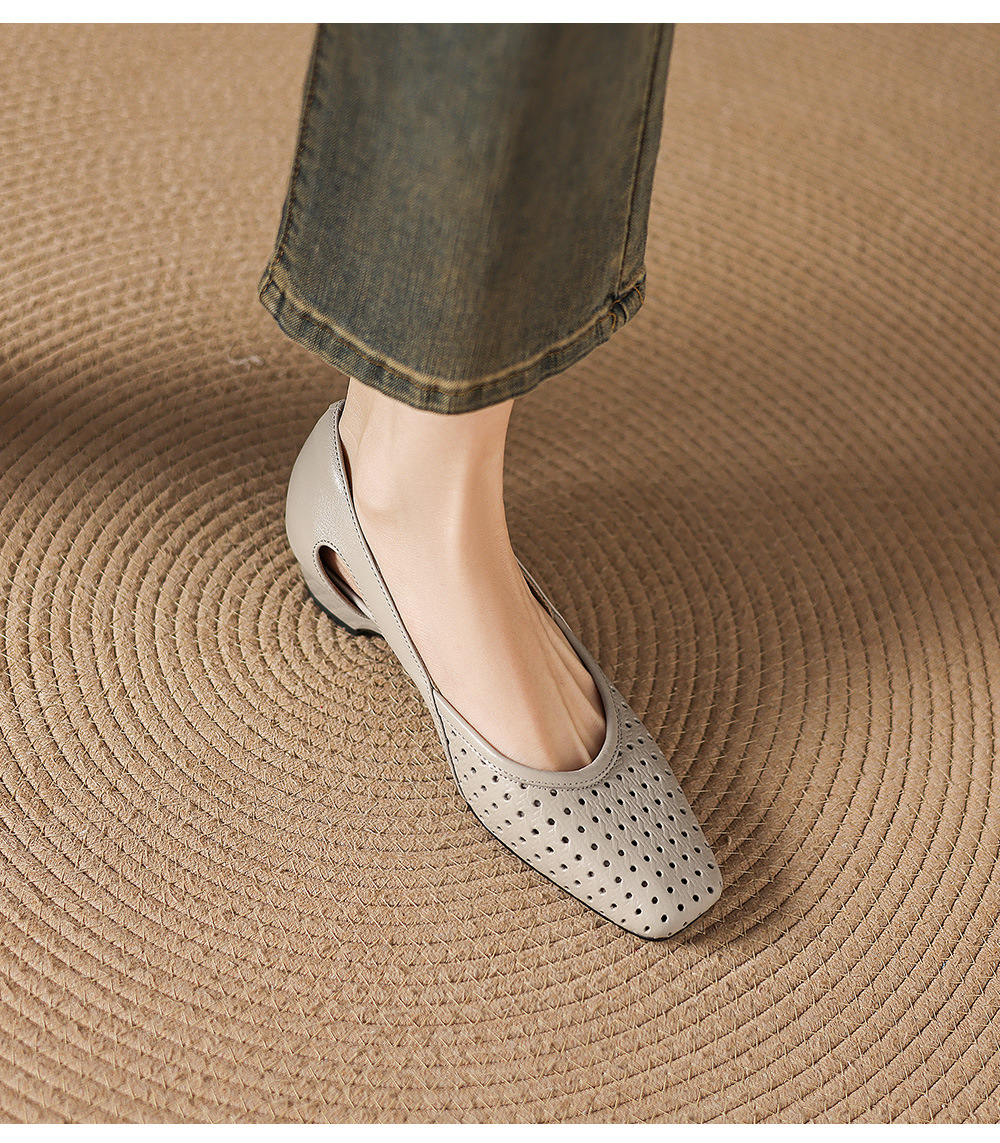 Giày sandal nữ mũi vuông gót thấp 3,5 cm da cừu đục lỗ hở mũi — đen chi tiết 15