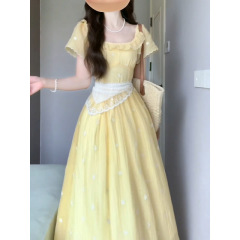 2025 夏薄いフレンチ甘くて優しいスタイル黄色のスクエアネック花柄ドレス夏の新しいスタイルウエストを細くする