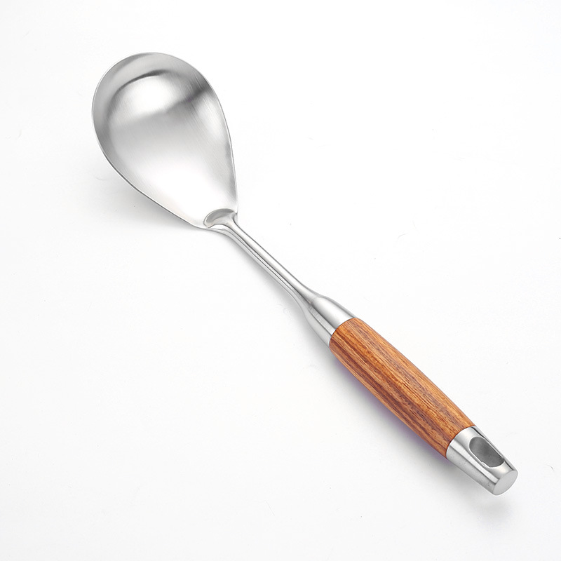 304 espátula de acero inoxidable pera flor mango de madera cocina 6 piezas cuchara de sopa espátula de fideos gran drenaje cuchara de arroz espátula de pescado