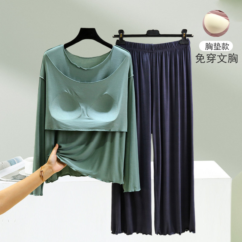 Modal Home Wear with Chest Pads for Women, Plus-Size Long-Sleeve T-Shirt, Pajamas, Sleep Pants, Slimming Dance Casual Set for Outerwear Modal Home Wear with Chest Pads for Women, Plus-Size Long-Sleeve T-Shirt, Pajamas, Sleep Pants, Slimming Dance Casual Set for Outerwear