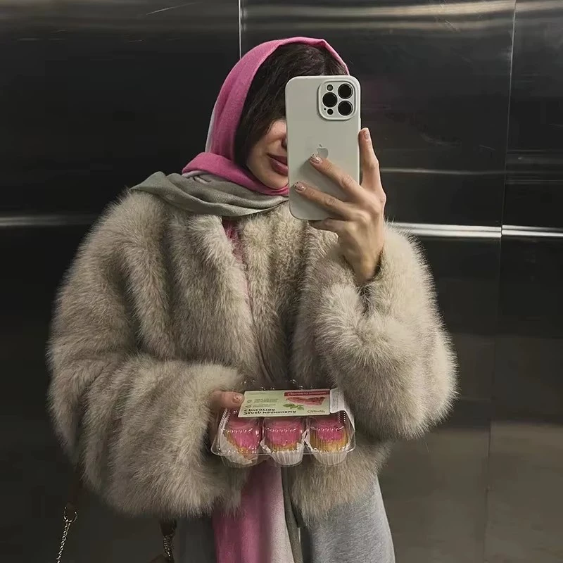 Европейская и американская трансграничная мятная мода 2024 зимний круглый воротник имитация лисьего мехового пальто женский короткий норковый топ