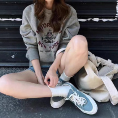 早秋小个子韩系百搭内搭上衣oversize美式高街休闲风灰色印花卫衣