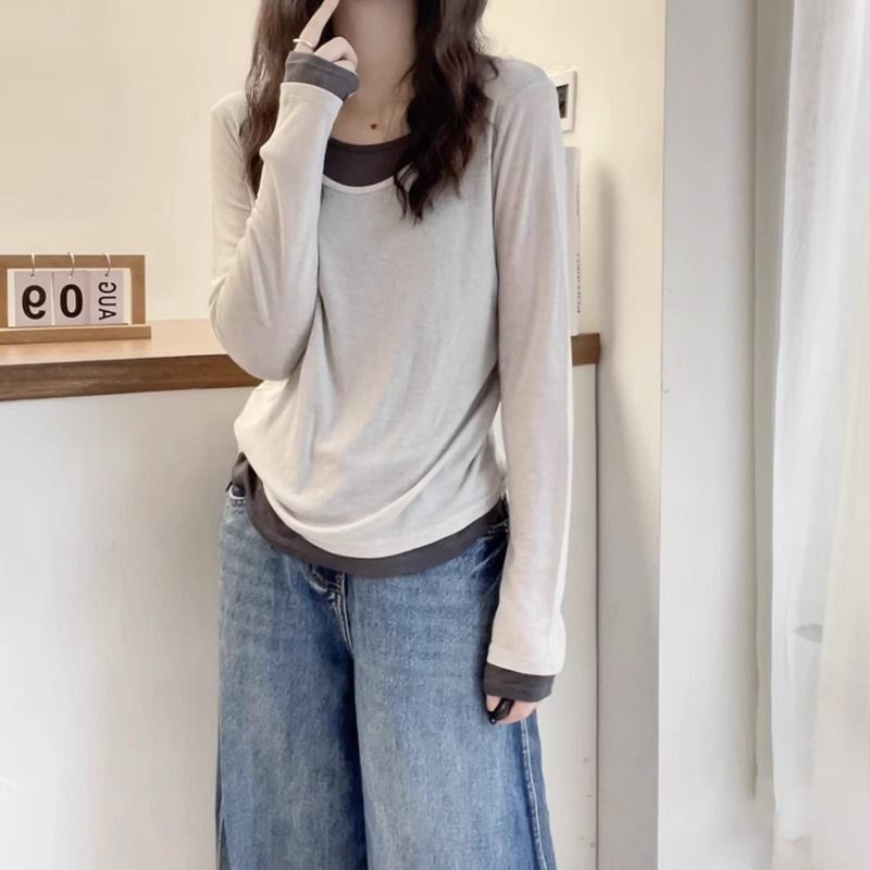 Plus-Size Autumn New Versatile Stylish Color-Blocked Faux Two-Piece Shirt with a Slimming Waist-Cinching Base Top