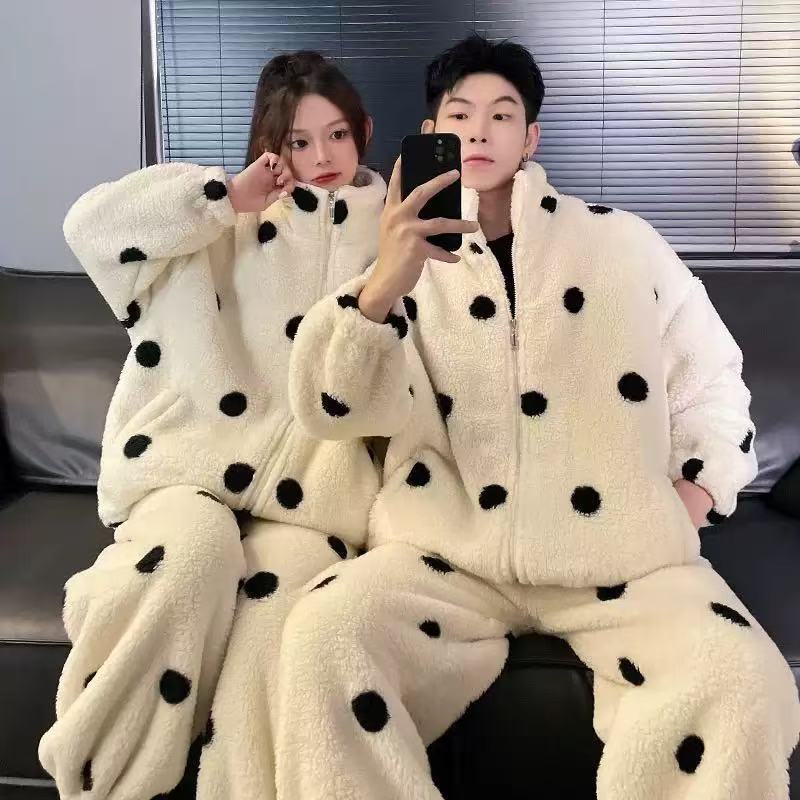 2025秋冬新款波点拉链套装法兰绒情侣睡衣立领大码保暖家居服加厚